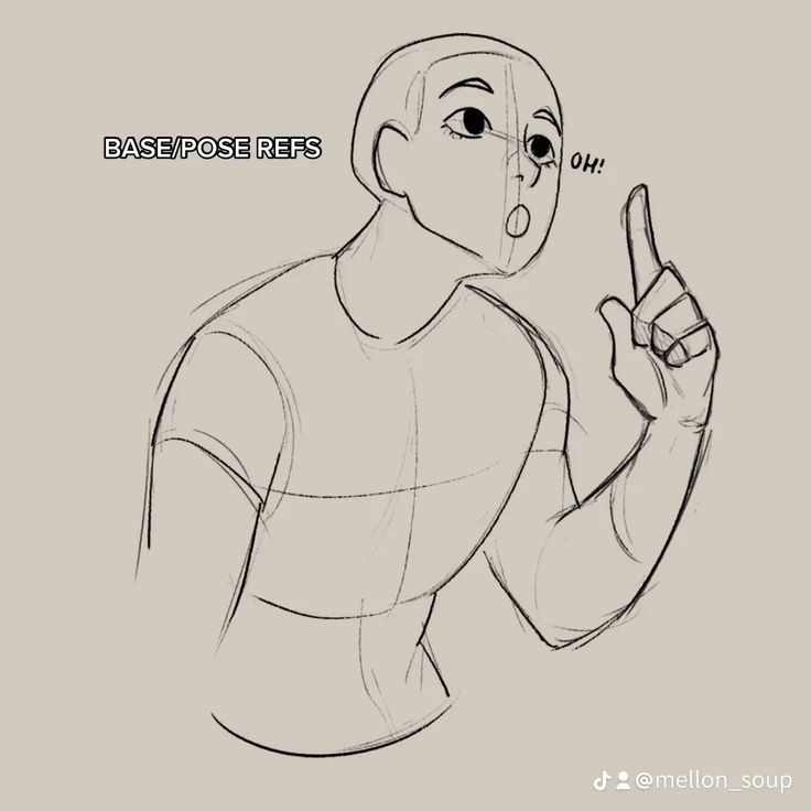 a line drawing of a person in a simple pose with one finger raised. the drawing is labelled "base/pose refs" and is in a simple, outlined style. it is likely a base for a character design. the person has a surprised expression on their face.