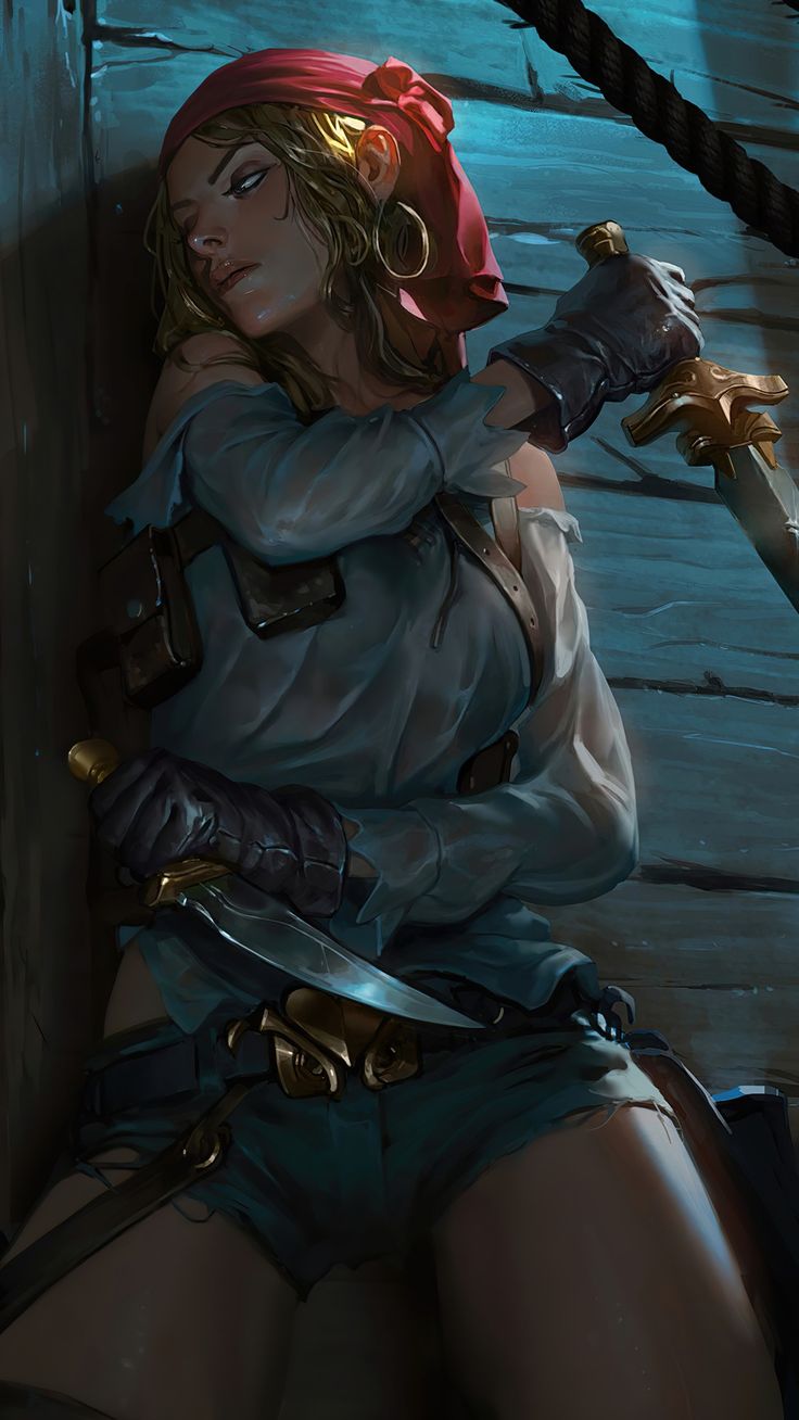 an artwork of a woman pirate sitting inside a ship. she is wearing a red bandana, a blue blouse, black gloves and blue shorts. she is holding two swords, one in each hand.
