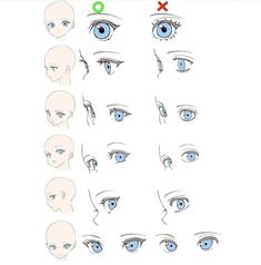 the image is a guide on how to draw eyes in an anime or manga style. it shows the different positions of the eye on the face, as well as different eye shapes. there is a green circle indicating the correct placement of the eye, and a red x indicating the incorrect placement.