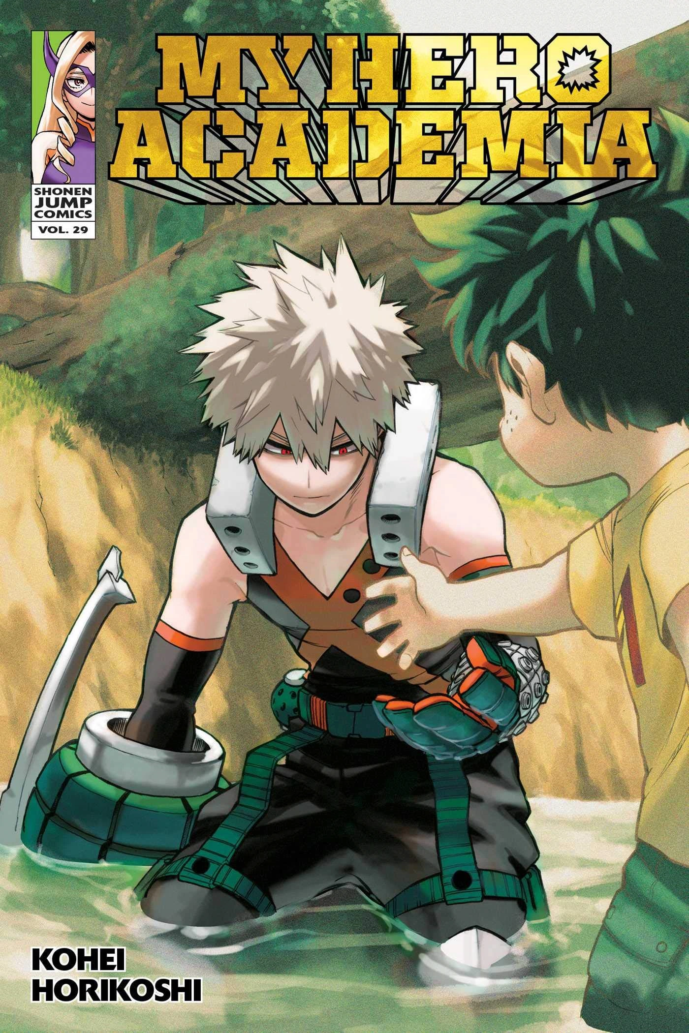 this is the cover of my hero academia volume 29. it features bakugo katsuki, submerged in water up to his chest, looking directly at the viewer with a determined expression. izuku midoriya is reaching out to him from the riverbank, a look of concern on his face. the background is a lush green forest, and bright sunlight filters through the trees.