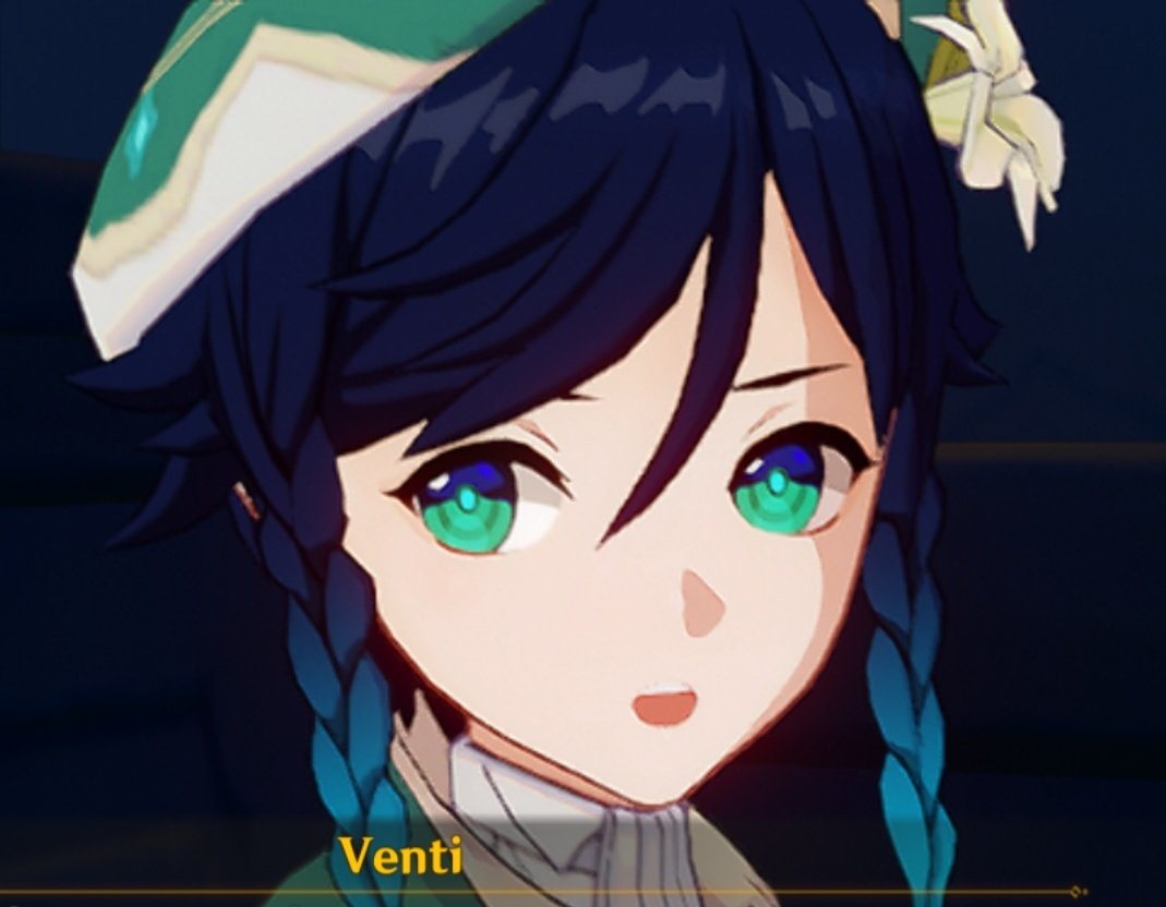 the image is a closeup screenshot from the video game genshin impact, featuring the character venti. venti's face dominates the frame.  their expression is slightly curious or surprised.  the character's distinctive teal braided hair, green eyes, and unique hat are clearly visible. the background is dark and blurry, focusing attention on venti. the game's ingame text indicating "venti" is also visible at the bottom. the overall style is animeinspired.