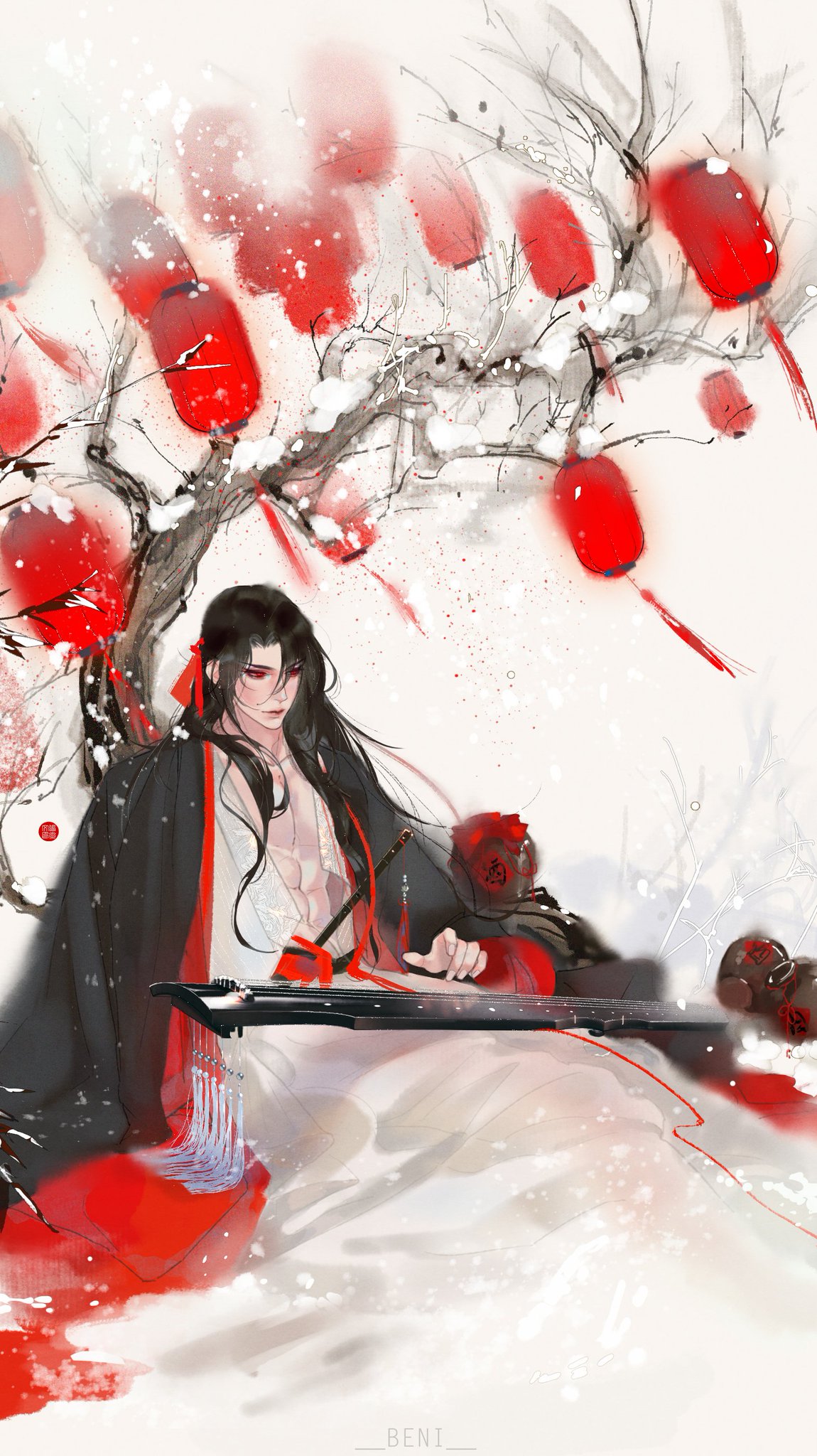 a man with long black hair and red eyes, dressed in flowing black and red robes, sits in the snow beneath a bare tree decorated with red lanterns. he's playing a long zitherlike instrument called a guqin. the scene evokes a sense of tranquility and beauty.  the art style is reminiscent of traditional chinese paintings.