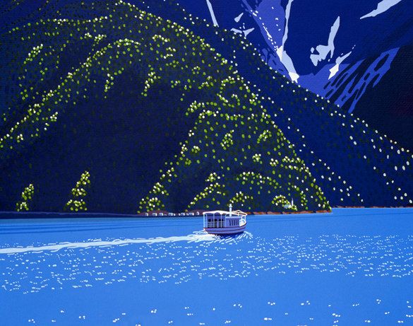 a small white boat is sailing across a serene lake, with lush green mountains rising up in the background. the water is a calm blue, with gentle ripples, and the sky is a clear, bright blue. the mountains are covered in trees, creating a lush, green backdrop. the scene is peaceful and tranquil, perfect for a relaxing getaway.