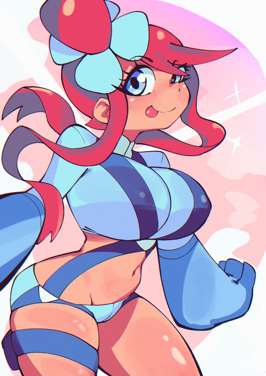 a digitally drawn illustration of a female anime character. she has red hair with a light blue bow and is wearing a blue and white sports bra with black stripes and a matching blue and white shorts. her left leg is bent at the knee with her right leg extended.  she's looking over her shoulder with a mischievous expression.