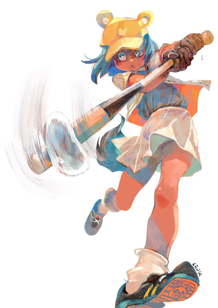 a dynamic illustration of a young anime girl with animal ears and a determined expression intensely swinging a baseball bat. she's dressed in a white baseball uniform with orange accents, a yellow cap with bear ears, and green and white sneakers. the low angle perspective and motion blur around the bat create a sense of power and action.