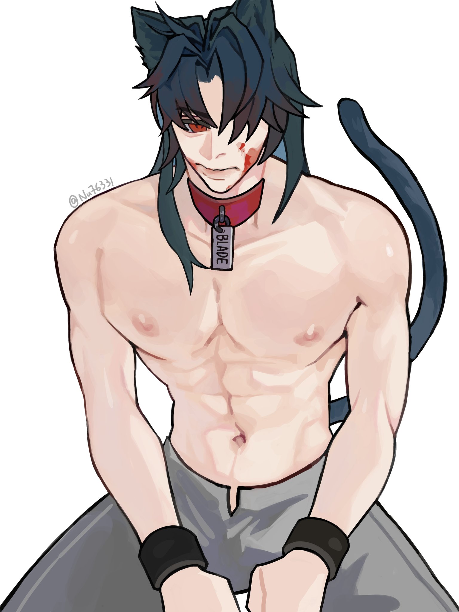 this is a digital illustration of an anime character. the character is male and he has long black hair and black cat ears. he has a muscular build with defined abs. the character is shirtless, only wearing gray pants and wristbands. he also wears a red leather collar with a metal tag reading "blade" attached to it. the character has blood on his face and is looking down with a sad, worried expression.