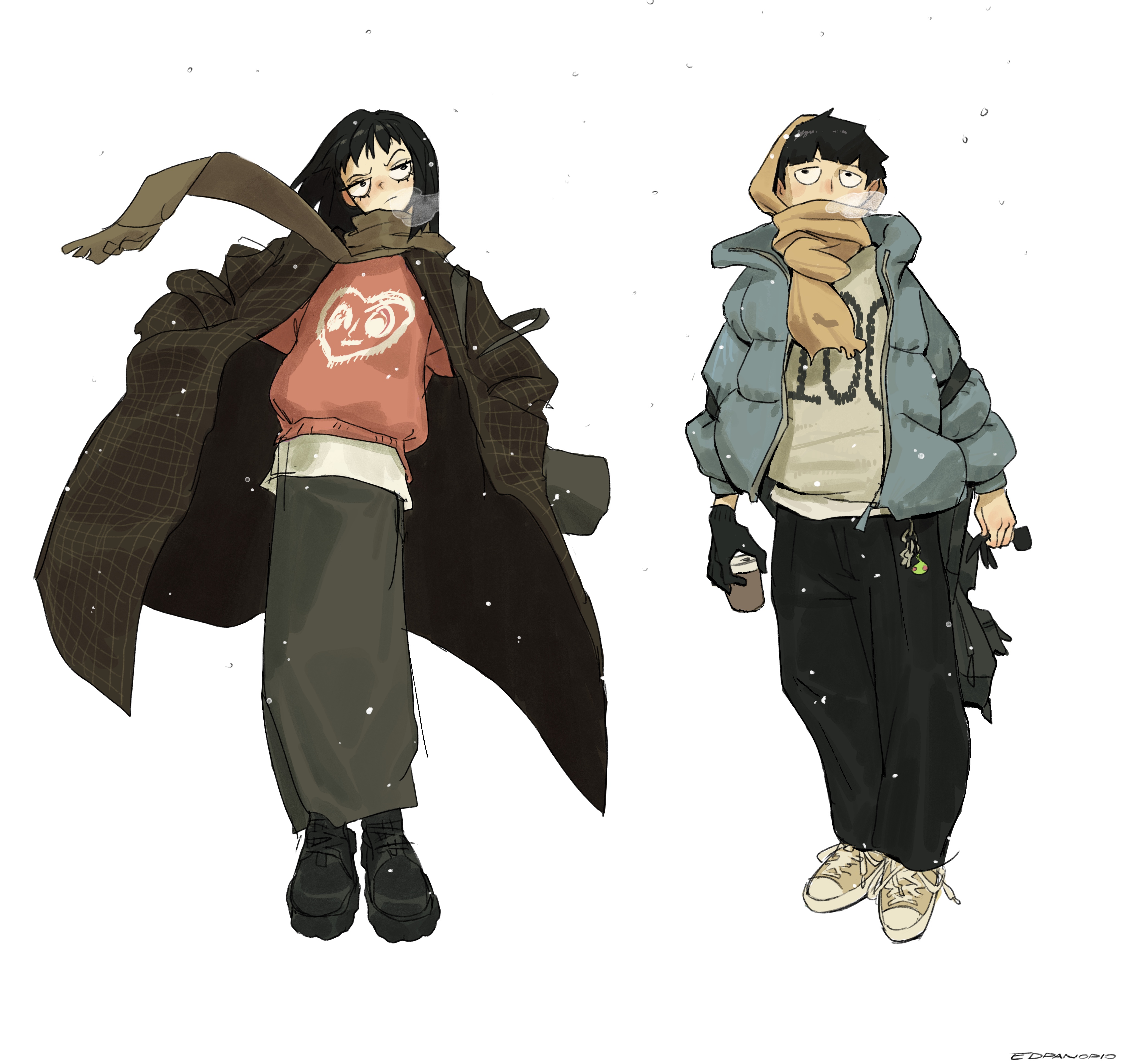 the illustration showcases two animestyle characters, a girl and a boy, depicted in winter attire amidst gently falling snow. the girl is dressed in an oversized plaid coat, a loosefitting coral sweater with a graphic design, and dark trousers.  she sports a brown scarf and dark boots. her expression is relatively serious. the boy is dressed in a light blue puffer jacket, a creamcolored scarf, a white sweater with a design, and dark pants. he is carrying a coffee cup and a bag. he wears offwhite sneakers and has a more relaxed demeanor.  the art style is loose and slightly sketchy, creating a casual, fashionable vibe. the overall color palette is muted and soft, complementing the winter setting.