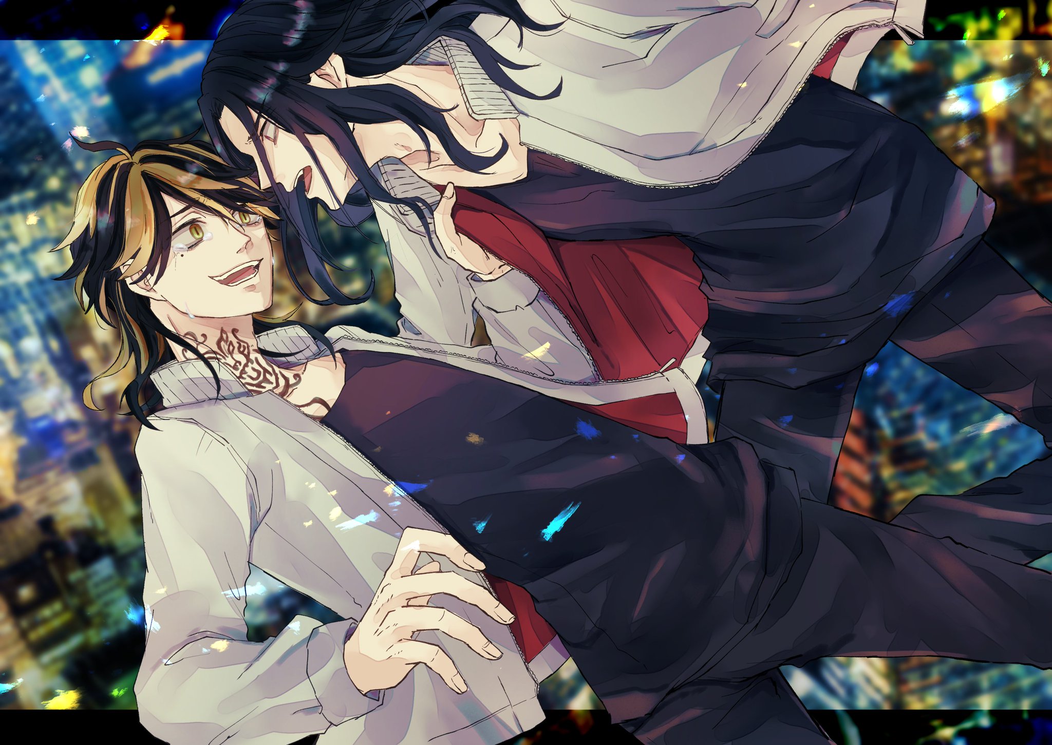 the image is a digital drawing of two anime boys. one has black hair and is wearing a white jacket and black pants. the other has blonde hair and is wearing a white jacket and black pants. they are looking at each other, and the one with black hair has a red shirt peeking out from underneath his jacket. the background is a cityscape at night, with many lights. the two boys seem to be close friends or possibly in a romantic relationship. they are both smiling and seem to be enjoying their time together.