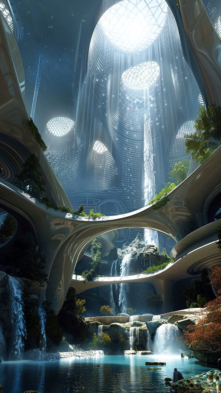 the image depicts a stunning futuristic indoor oasis. sunlight streams through a large circular opening at the top of a soaring, modern building, illuminating a multitiered waterfall cascading into a tranquil pool. lush greenery and trees thrive on each level, creating a serene and natural environment within the urban structure. two individuals can be seen enjoying the peaceful atmosphere near the water's edge. the architecture blends seamlessly with the natural elements, showcasing a harmonious vision of sustainable urban living.