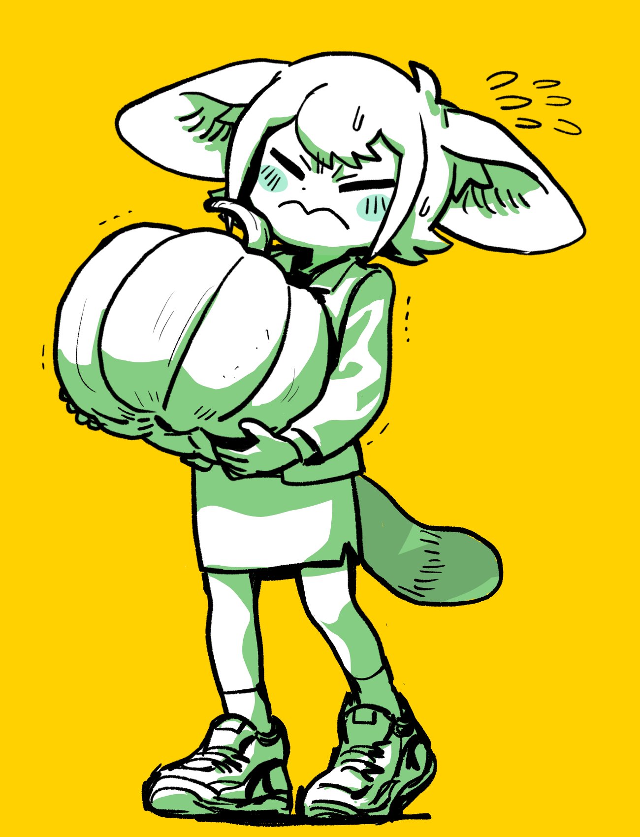 a light green cartoon girl with large ears, wearing black sneakers is carrying a giant green pumpkin while looking stressed and tired. her eyes are wide and her mouth is slightly open, she is sweating, and her tongue is slightly sticking out. she is standing on a yellow background and is wearing a jacket. she is running with the pumpkin. her ears are floppy, and the white of her eyes are showing.