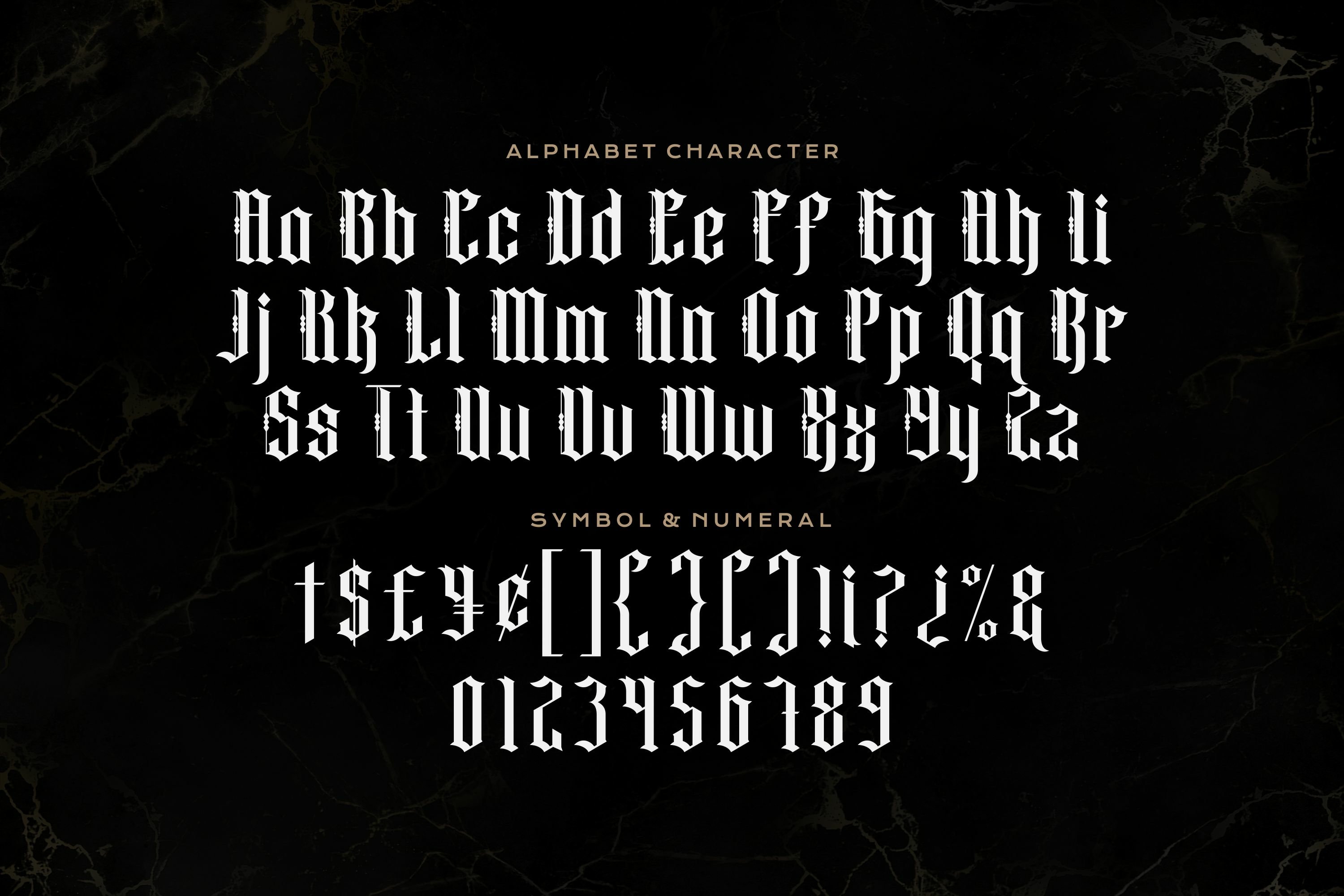 the image showcases a blackletter or gothicstyle font.  it displays the complete alphabet in uppercase and lowercase, along with a selection of common symbols and numerals (09). the font is rendered in white against a dark background with a subtle marble texture.  the text is clearly organized into sections labeled "alphabet character" and "symbol & numeral".  the overall aesthetic is dark, elegant, and classic, suitable for design projects seeking a medieval or gothic feel.