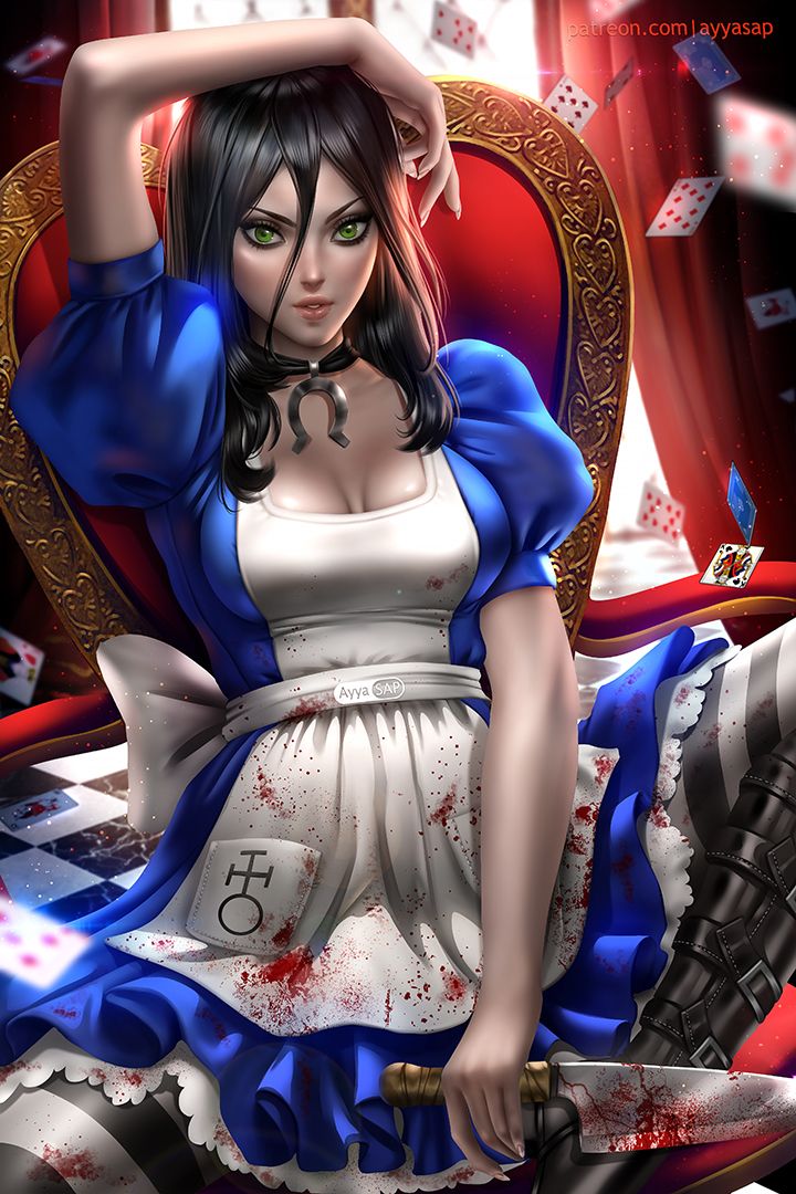 the image is a digital painting of a dark and gothic interpretation of alice from alice in wonderland. she's depicted as a beautiful young woman with long black hair and striking green eyes.  she wears a bloodsplattered version of her iconic blue and white dress and apron.   a butcher knife stained with blood is held in her hand. she sits on an ornate red chair amidst a flurry of playing cards suggesting a scene of violence and chaos from wonderland. the style is highly stylized, leaning towards anime and manga, with a focus on detail and realistic rendering of the character's features and the blood splatter. the overall mood is dark, dramatic, and slightly macabre.  a watermark suggests the artwork is by the artist "layyasap" from patreon.