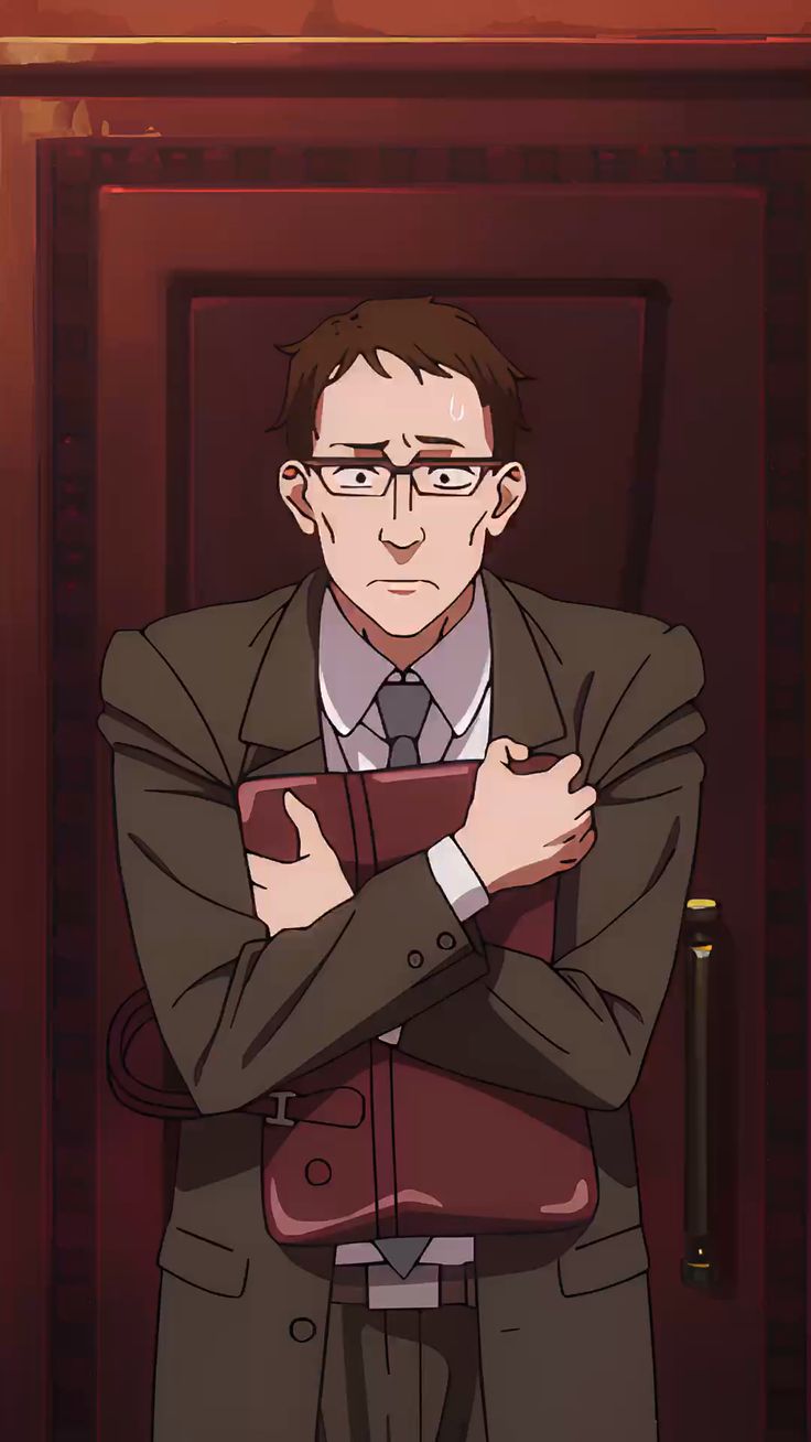 a cartoon image of a man with brown hair and glasses, wearing a brown suit, and holding a reddish brown briefcase in front of him. the man has a worried and concerned expression. he is standing in front of a brown door. the background suggests an office setting. the colors are warm and slightly muted.  the image evokes a sense of anxiety or apprehension.
