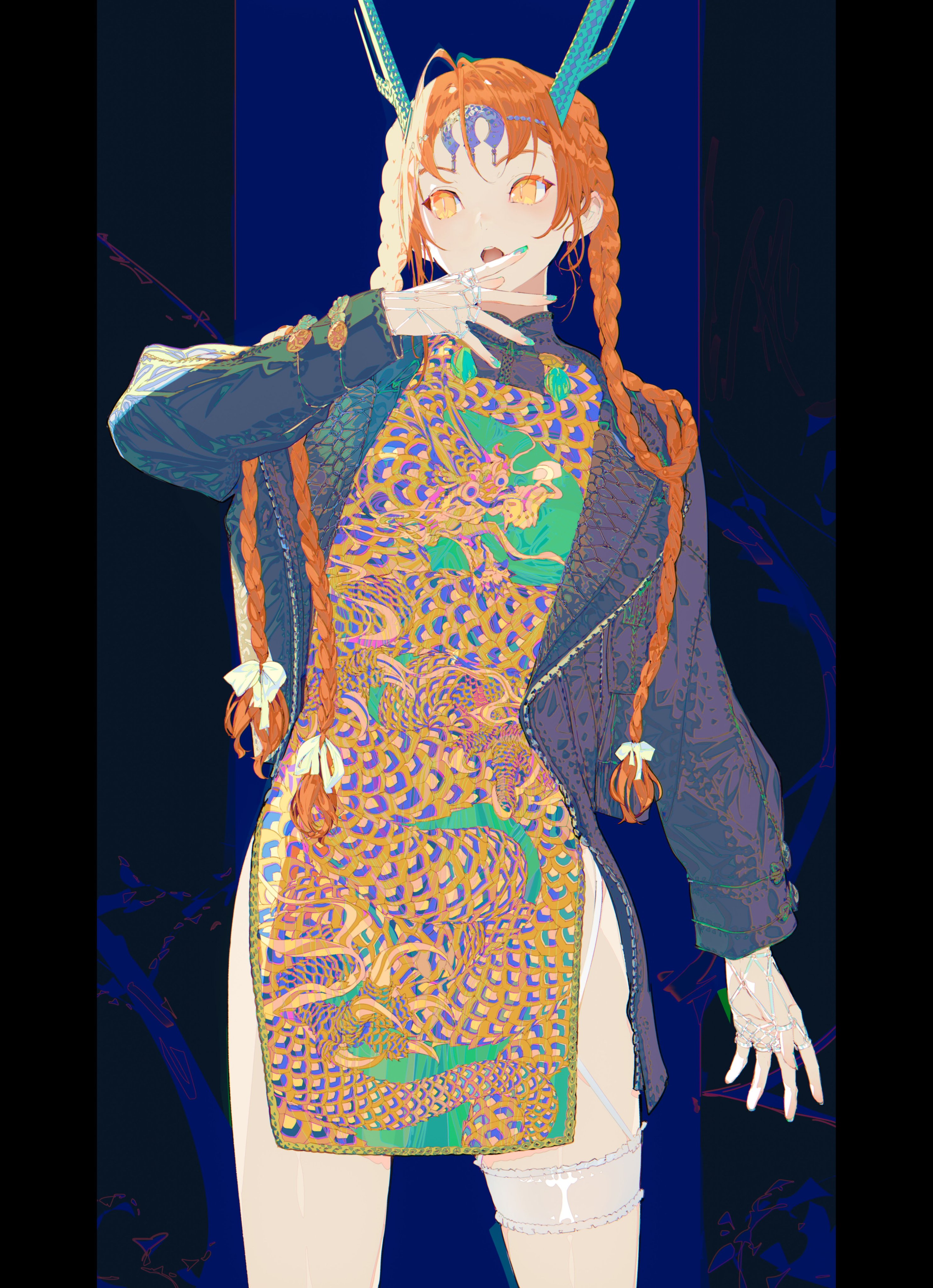 the image showcases a stylized anime girl, digitally rendered with vibrant colors and intricate details. she's adorned in a unique outfit that blends traditional chinese cheongsam elements with futuristic, almost cyberpunk aesthetics.  the cheongsam is predominantly gold and teal, richly patterned with dragons, while an oversized dark jacket adds a layer of contrast.  her long orange braids are accessorized with bows, and she sports fantasylike headpieces that resemble antlers or horns.  the background is a dark, moody blue, emphasizing the character's vibrant attire. her pose is dynamic, her hand near her face in a seemingly thoughtful or playful gesture. the overall style is a blend of traditional and modern, fantasy and reality, creating a visually striking piece.