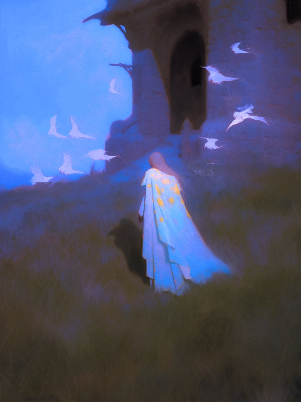 a woman in a flowing blue robe, adorned with yellow stars, walks away from a stone building, a single figure in the vast landscape. the sky is a vibrant blue, and the air is filled with white birds, giving the image a dreamlike quality. the woman's shadow stretches behind her, and the mood is one of solitude and mystery. the overall impression is of a beautiful and ethereal scene, suggestive of fantasy and imagination.  the painting style is digital and impressionistic, blending sharp edges with soft washes of color.