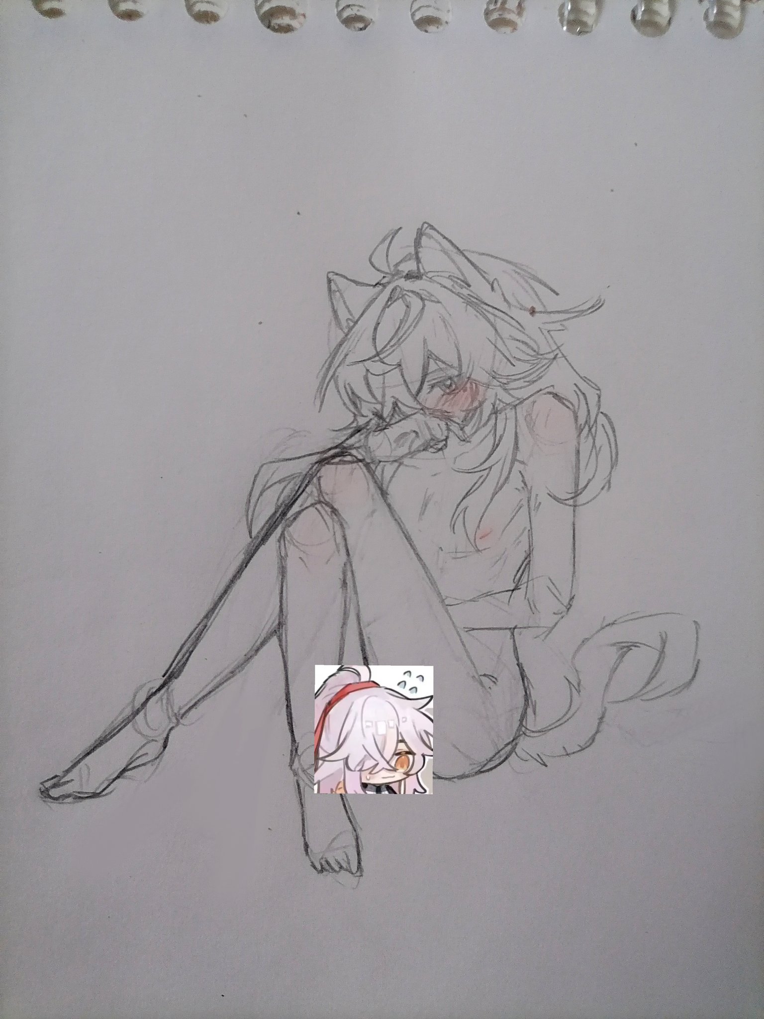 this is a drawing of a young anime girl sitting on the ground with her legs crossed, holding her arms around herself, seemingly hugging herself. she has long white hair, white cat ears, and a white fluffy cat tail. the drawing is done in pencil on white paper. there is a small chibi drawing of the same anime girl hugging herself in the lower part of the image. the overall drawing is of a cute and endearing anime character.