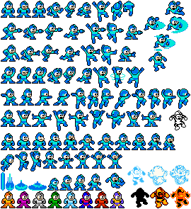 this image is a spritesheet showcasing the various animation frames of mega man from the classic nes games. it features his different poses for actions like running, jumping, shooting, and taking damage. also included are sprites for his iconic powerups like the magnet beam and rush coil, as well as several of the robot masters he faces throughout the series. the pixelated art style is characteristic of the 8bit era, evoking a sense of nostalgia for classic gaming.