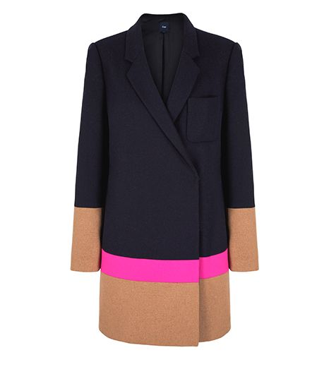a woman's kneelength coat in a color block design. the coat is mostly dark blue with brown on the lower section and sleeve ends, separated by a thin pink stripe. it has a lapel collar and a single pocket on the chest.