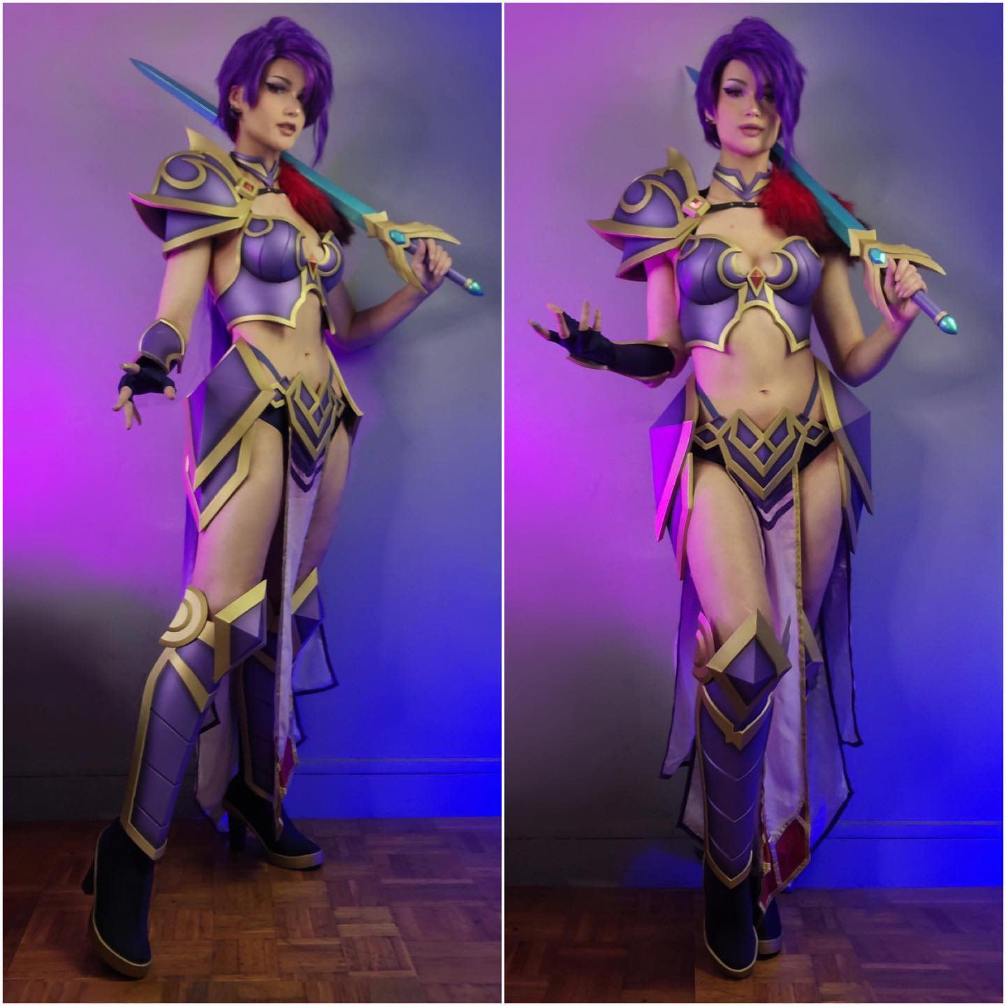 the image is a diptych showing a woman in elaborate cosplay.  she's dressed as a female fantasy warrior, clad in a detailed purple and gold armor set, including a flowing skirtlike piece, thighhigh boots, and pauldrons.  she wields a long, tealbladed sword. the lighting is dramatic, using purple and blue hues to highlight the costume and the model's pose. the background is a plain wall, focusing all attention on the cosplay.  the two images show slightly different angles of the same pose, one from the front and one showing more of a threequarter view. the overall aesthetic is one of strength, fantasy, and highquality craftsmanship in the costume design.