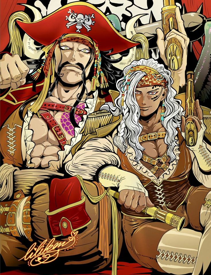 the image is a vibrant, stylized illustration featuring two pirates.  the central figure is a large, muscular male pirate captain sporting a red tricorne hat emblazoned with a skull and crossbones. he has long black hair and a serious expression. he holds a pistol in his right hand. beside him is a muscular female pirate with long, white hair, adorned with  tribalinspired jewelry and wearing a brown corset and breeches. she holds a spyglass and a pistol. both are powerfully built and exude a strong, confident presence.  the artwork is richly detailed with intricate designs on their clothing and accessories. the background hints at a pirate setting with dark, dramatic elements. the overall style blends aspects of comic book art and manga.  the piece is colorful and visually striking, conveying a sense of adventure and power.