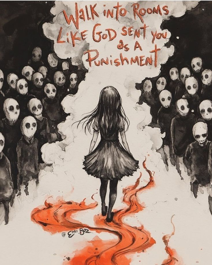 a painting shows a woman walking away from the viewer, down a winding red trail. she has long dark hair and is wearing a short dress. on either side of her are dark figures with skulllike faces. above, the message "walk into rooms like god sent you as a punishment" is written in red. the background is dark and cloudy, adding to the eerie atmosphere. the artist's name, "@emi boz", is visible at the bottom.