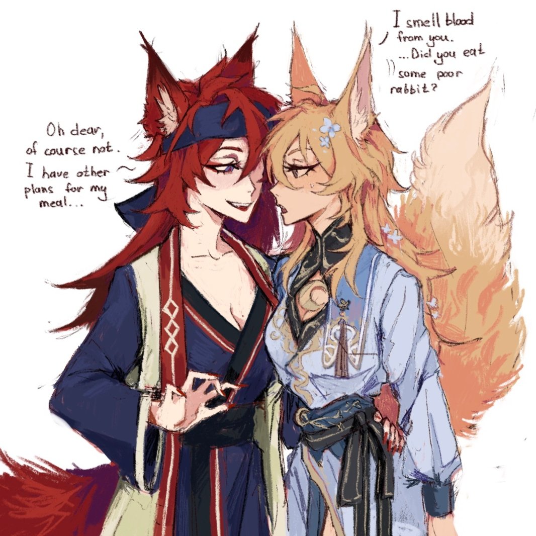 the image features two anime characters with fox ears and tails. the character on the left has red hair, a dark blue kimono with a red and white trim, and a red hairband. this character is speaking, and their facial expression is suggestive. the character on the right has blonde hair and a light blue kimono. this character is also speaking, and their expression is wary. a speech bubble above the blonde character reads, "i smell blood from you... did you eat some poor rabbit?" the redhaired character replies, "oh dear, of course not. i have other plans for my meal..." the overall tone of the image is flirtatious and predatory.