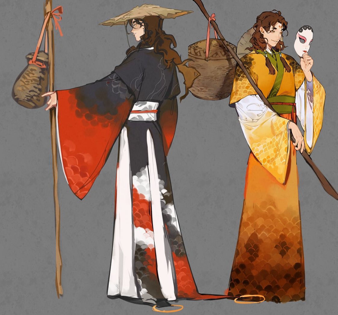 he image showcases two female anime/manga characters, each adorned in elaborate traditional asianinspired clothing.  the character on the left wears a black and red kimono with a white undergarment, featuring a koi fish pattern, a large conical hat, and carries a long staff with a woven basket hanging from it.  she has long dark hair and a calm expression.  the character on the right sports a flowing yellow and orange robe, also with a scale pattern, and holds a staff with a basket.  she has light brown hair and holds a decorative mask. the overall style is a blend of fantasy and traditional east asian aesthetics, with a focus on rich colors and detailed clothing. the background is a simple, muted grey.