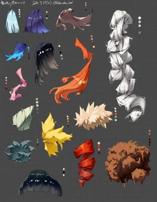 the image showcases a collection of digitally painted hair studies.  each study explores different hairstyles, textures, and colors, demonstrating a variety of techniques for depicting hair in art. the styles range from straight and flowing to intricately braided and wildly voluminous. the color palette is diverse, encompassing natural hair colors as well as vibrant fantasy hues. the overall aesthetic leans towards anime and manga styles.