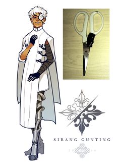 an image showing a character design. the character is male with white hair and an eyepatch. he is wearing a white robelike garment. he has a prosthetic leg with a floral design at the top of the thigh. on his right hand he wears a long glove with buckles going up his arm. a photo of a pair of scissors with electrical tape at the joint of the handles is shown next to the character's head.  below the character is a symmetrical graphic in black and white with a fleurdelis design. the text "sirang gunting" is below the graphic.