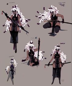 a page of figure drawings showing different poses of the same female character. she appears to be a warrior with dark skin and long white hair worn in braids. she is wearing a revealing black outfit and is holding a katana sword in some of the drawings.