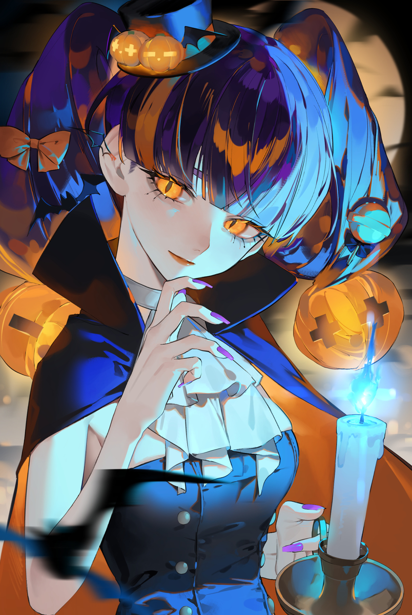 an anime cartoon halloween illustration showing a female vampire in a costume with a candle and pumpkins, with a full moon in the background.