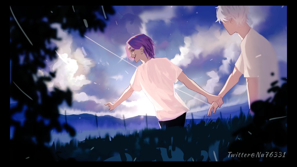 this image is a digital illustration of two anime boys. they are holding hands and walking through a field of grass. the sky is a beautiful sunset gradient of orange, pink, and purple. the boy on the left has purple hair and is smiling, while the boy on the right has white hair and is looking down at their hands.  the image is very romantic and sweet.  the art style is soft and delicate, with beautiful color gradients. the overall mood of the image is one of happiness and love.