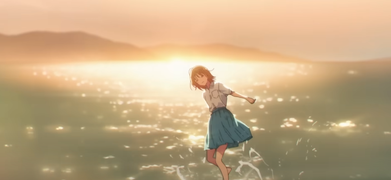 the image is a still from an anime depicting a young girl with short brown hair. she's wearing a lightcolored shortsleeved shirt and a teal pleated skirt, characteristic of a school uniform. the girl is joyfully skipping or running along a calm ocean beach as the sun sets behind her, creating a warm, goldenhour glow.  the water reflects the sunlight, causing a sparkling effect. the overall mood is peaceful, serene, and joyful. the background shows a hazy shoreline and mountains in the distance, further enhancing the tranquil atmosphere. the art style is consistent with modern anime productions, characterized by soft lines, gentle color palettes, and a focus on atmospheric lighting.