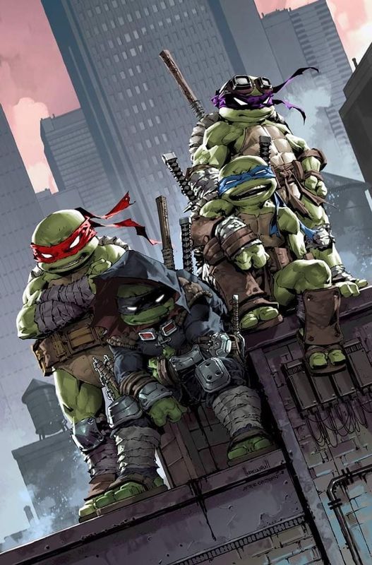 this is an illustration of the four teenage mutant ninja turtles in their iconic poses with their signature weapons. the turtles are standing on a rooftop overlooking a city with skyscrapers. they are all dressed in their classic costumes and are ready for battle.  the illustration is in a gritty, dark style with shadows and graffiti. this art piece is a great example of the teenage mutant ninja turtles' iconic style.