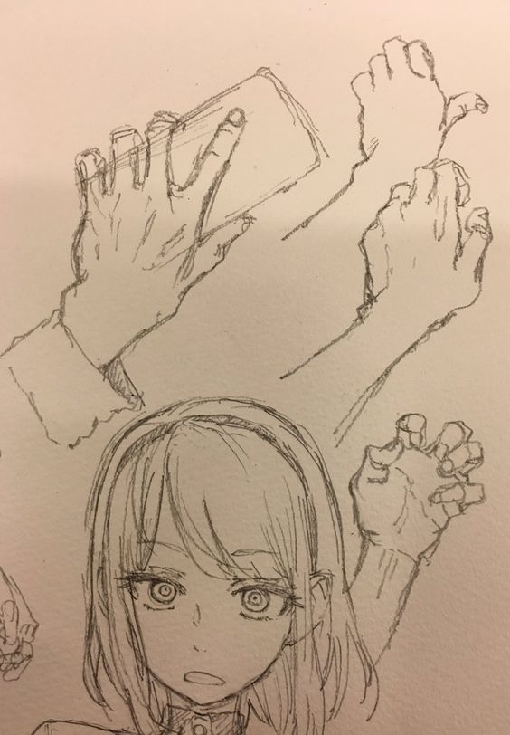 this is a pencil drawing of a girl with long hair and a surprised expression. she is holding a phone or tablet in one hand and the other hand is up in the air. there is another hand reaching up from below the girl's shoulder.