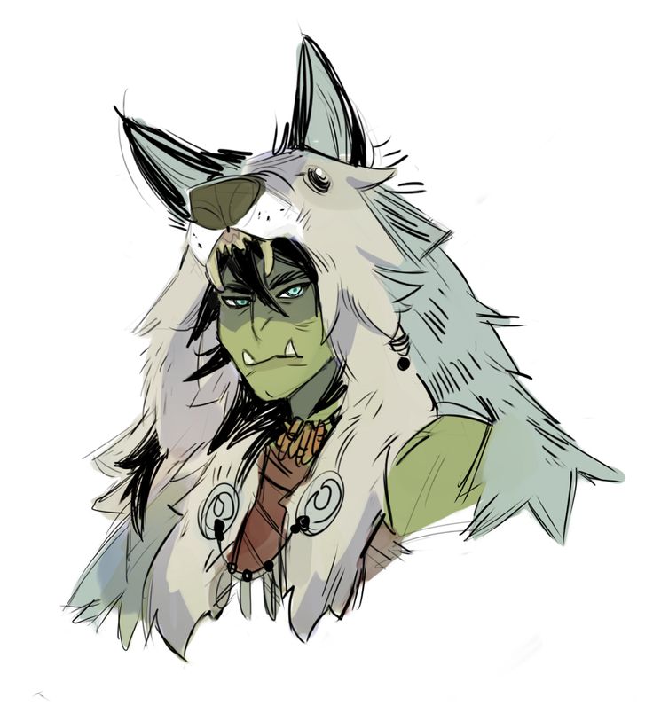 a digital illustration of an orc wearing a wolfskin hat, with sharp teeth and piercing eyes. the orc has green skin, black hair, and a wolflike snout. they're looking slightly to the right of the frame, with their mouth slightly open.  the background is simple and white, drawing focus to the orc's unique features. the drawing is done in a cartoon style, with soft lines and colorful shading.