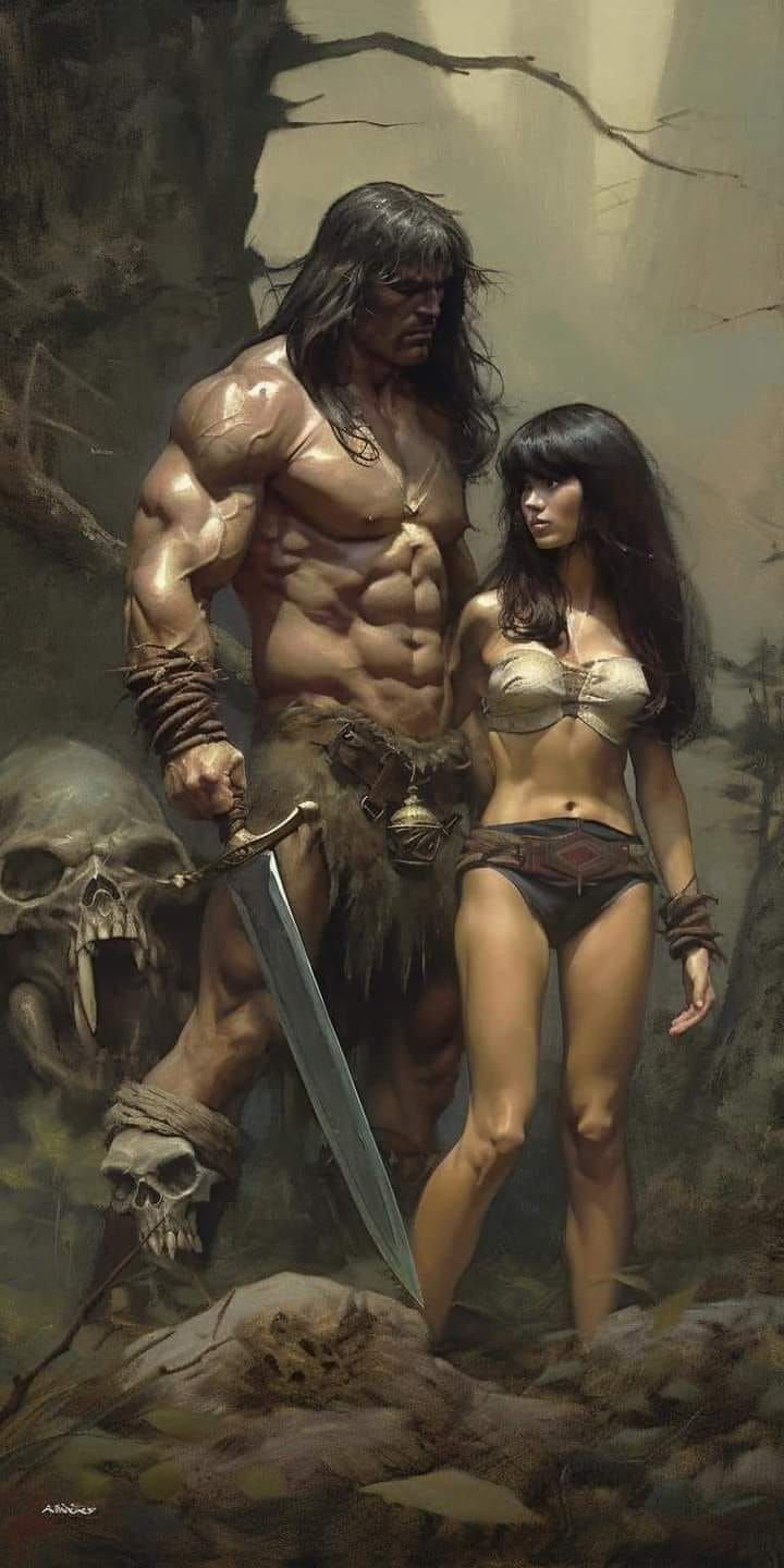 a painting in the style of frank frazetta depicts conan the barbarian standing with a woman in a jungle. conan is a large, muscular man with long, dark hair. he is wearing a loincloth and has a sword in his hand. the woman is standing next to him and is wearing a bra and underwear. there are skulls scattered around them, and the jungle is dark and ominous.