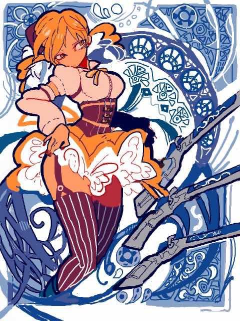 the image is a vibrant digital illustration or artwork in an anime/manga style. it depicts a young woman with orange hair styled in pigtails, wearing a steampunkinspired outfit consisting of an orange dress with a corsetlike bodice, white ruffled details, and striped stockings.  she holds or is positioned near what looks like two large, futuristic or fantasystyle weapons. the background is a complex, swirling mix of blue and white abstract patterns, geometric shapes, and swirling lines that suggest motion and energy. the overall style is highly stylized and whimsical, with a blend of both detailed character rendering and abstract, expressive background elements. the color palette is dominated by oranges, blues, and purples, creating a visually striking contrast.