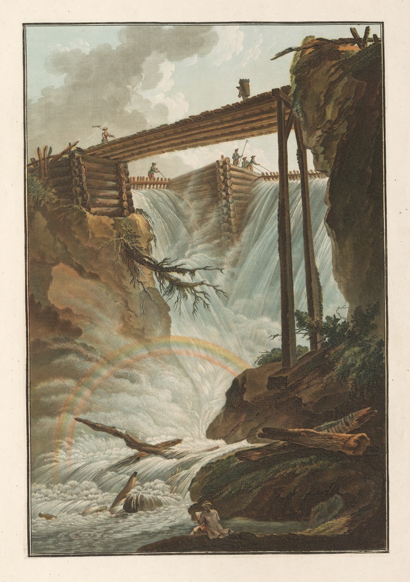 an illustration depicting a large waterfall with a wooden bridge spanning the top. several figures are on the bridge. a rainbow is visible in the mist at the base of the waterfall. rock formations surround the waterfall, and trees and logs are scattered around the scene. one figure is sitting on the shore near the base of the waterfall.