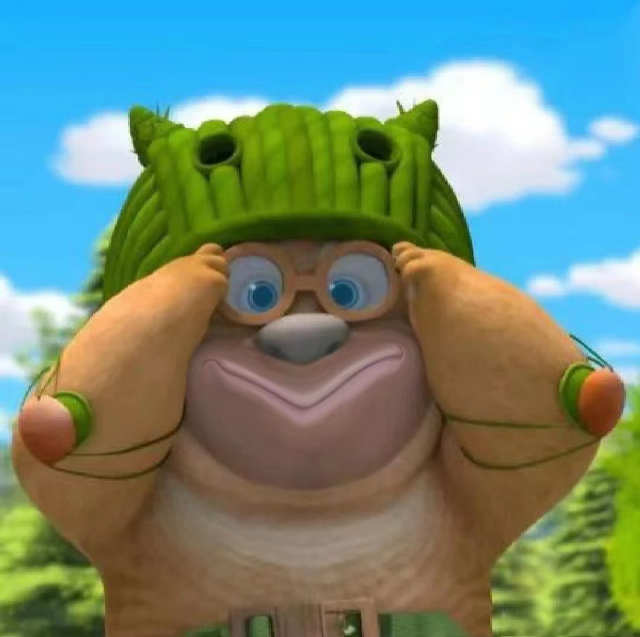 the image features a cartoon bear wearing a funny green hat that resembles a cactus. the bear is also wearing round eyeglasses and has a playful expression on its face, with its paws covering its eyes in a peekaboo manner.  the background suggests a bright, sunny day in a natural setting with trees and blue skies.