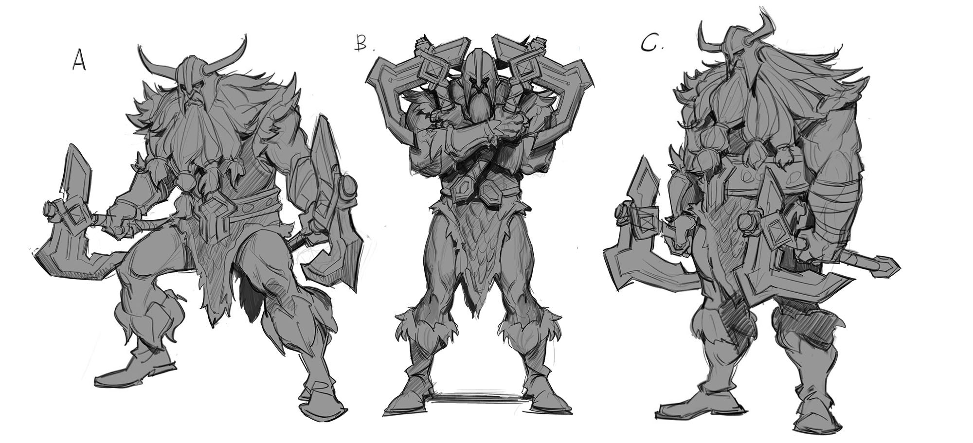 the image shows three grayscale sketches of a viking warrior character design, labeled a, b, and c. each sketch depicts a large, muscular viking with a long beard, horned helmet, and wielding a large axe. the variations showcase different stances and armor details. sketch a shows the warrior in a dynamic pose, holding the axe at the ready. sketch b portrays a more stoic pose, with the arms crossed and the axe held against the body. sketch c showcases a different perspective and subtle differences in the armor. the sketches are rough but expressive, conveying a sense of strength and ferocity.  the style is suggestive of concept art for a video game or similar fantasy project.