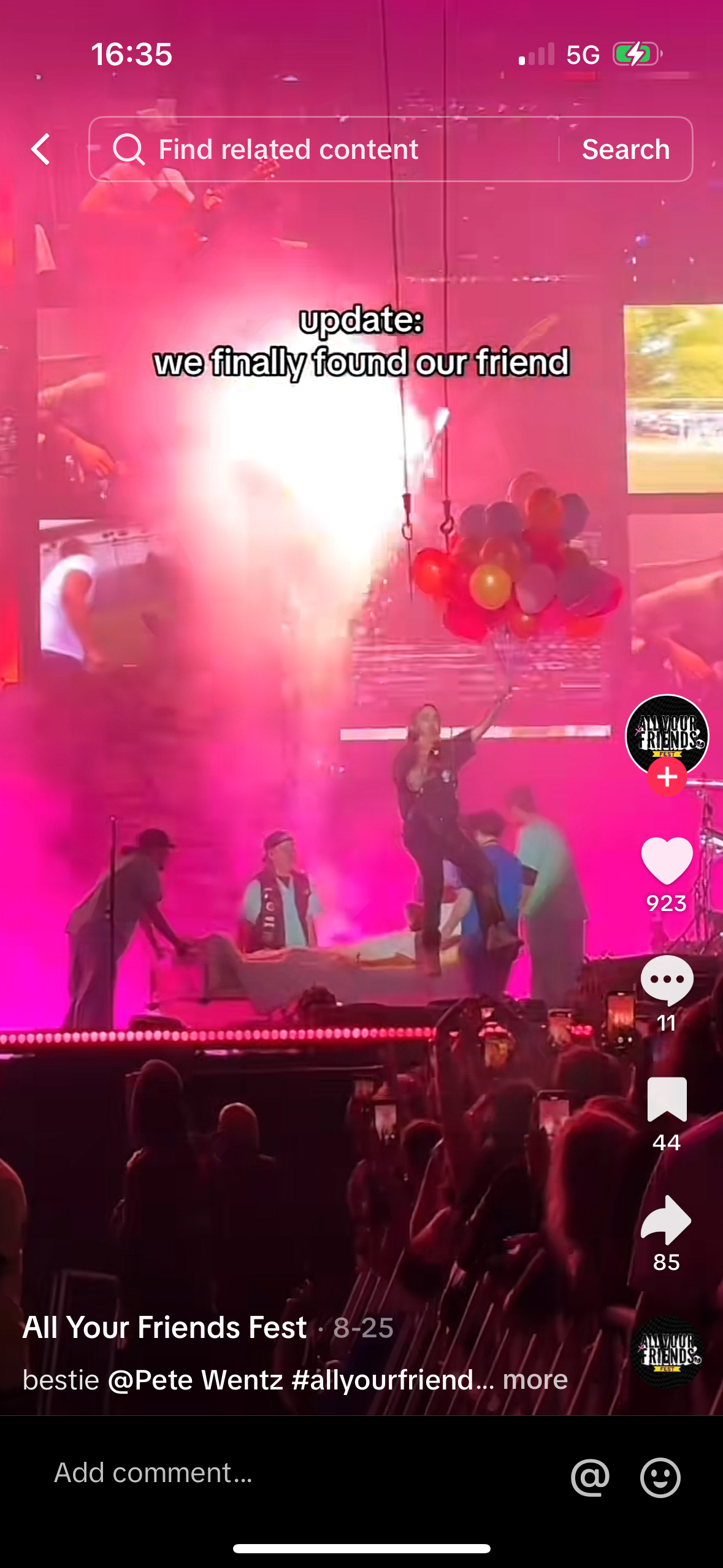 a concert with the band "all your friends fest" is happening. pete wentz, the lead singer, is on stage performing with his band.  a crowd of fans is watching the performance. there is a large amount of colored smoke and lights in the air. the fans are enjoying the show.