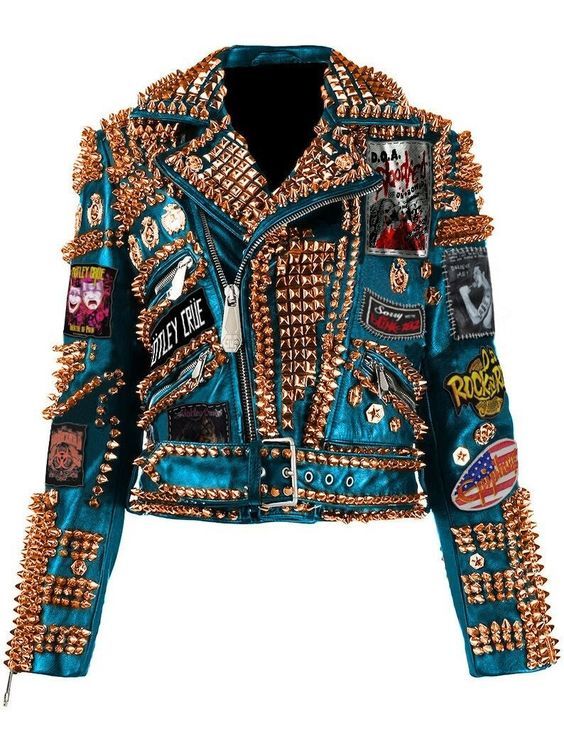 a teal blue leather jacket covered in gold studs and patches. the jacket has a zipper closure, two front pockets, and a belt. the patches are various rock and roll themes.