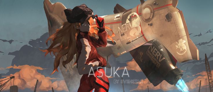 the image is a piece of digital fanart depicting asuka langley soryu, a prominent character from the anime series neon genesis evangelion.  she is shown in her signature red plugsuit, wearing a cap, and standing near a large, weathered nerv spaceship or aircraft. the setting appears postapocalyptic or dystopian, with a cloudy sunset sky and what seems like the ruins of a city or industrial area in the background. asuka's pose suggests readiness or action. the overall style is painterly and detailed, with a focus on atmospheric lighting and a slightly gritty aesthetic. the artist's signature, evenstar, is visible in the image.