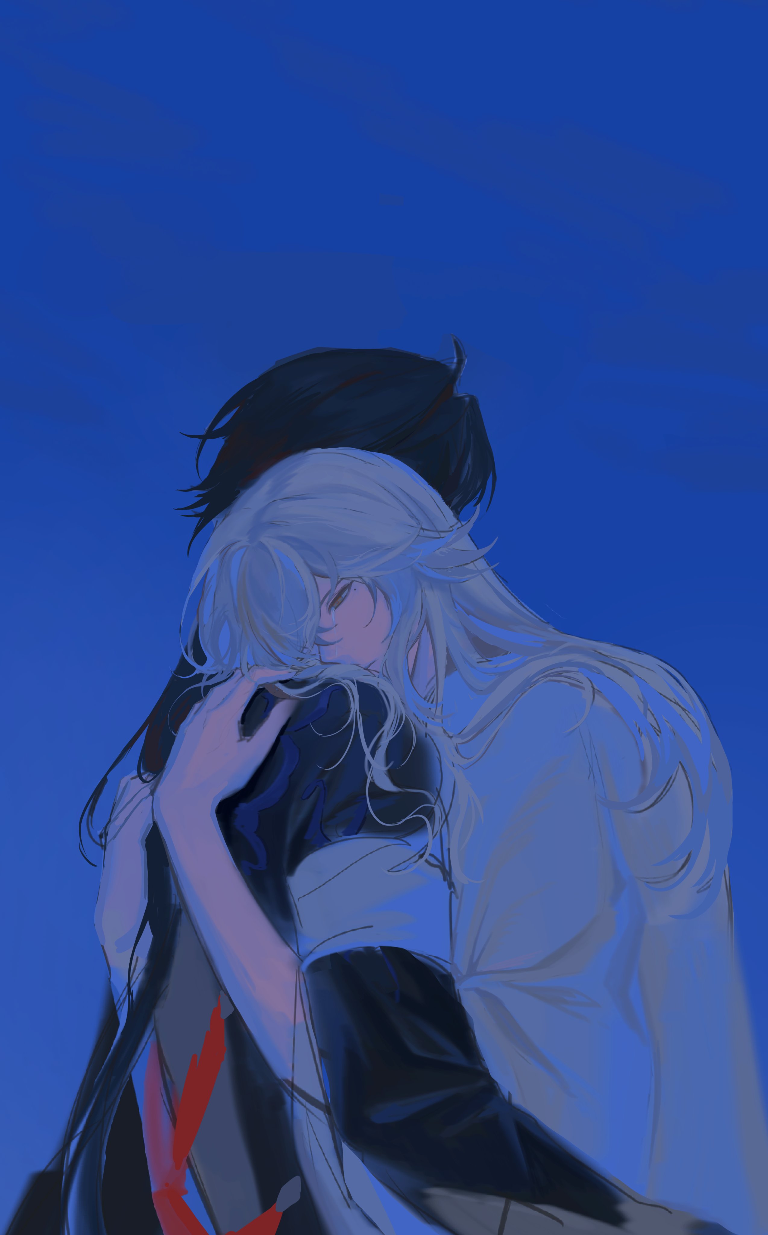 an illustration of two anime characters, one with black hair and one with long white hair. the black haired character is holding the other character close in a hug, they are both facing the same direction. their faces are not visible and the background is a solid blue color.
