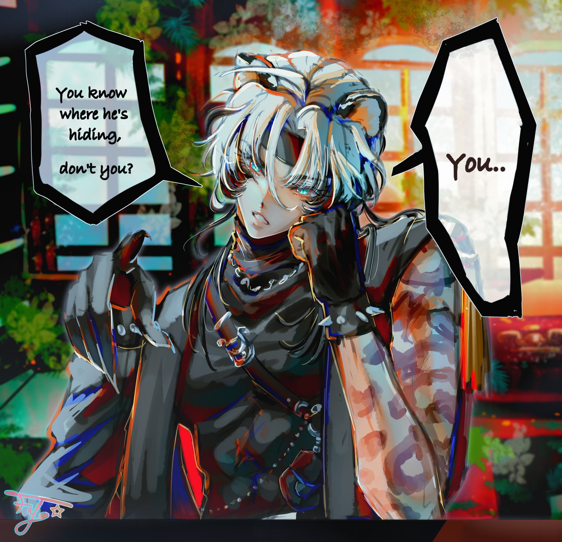 the image is a digital painting or illustration of a stylized anime or manga character. the character is male, with white hair styled in a way that partially obscures his eyes, and features what appear to be cat ears. his attire is dark and edgy, including a black top with a scarf or collar, gloves with studs, and what seems to be a leather harness or vest. his right arm shows an animal print tattoo. he has a smirk on his face, and his expression is confident and slightly mysterious.  the background features a somewhat blurred, brightly colored interior scene, possibly in a japanese or asianstyle setting. two speech bubbles appear, one suggesting the character knows something, specifically that someone is hiding, and the other with just "you...". the overall style is vibrant, with contrasting colors and shadows adding to the moody and secretive atmosphere.  the art style is quite detailed and reflects a blend of modern and traditional techniques.