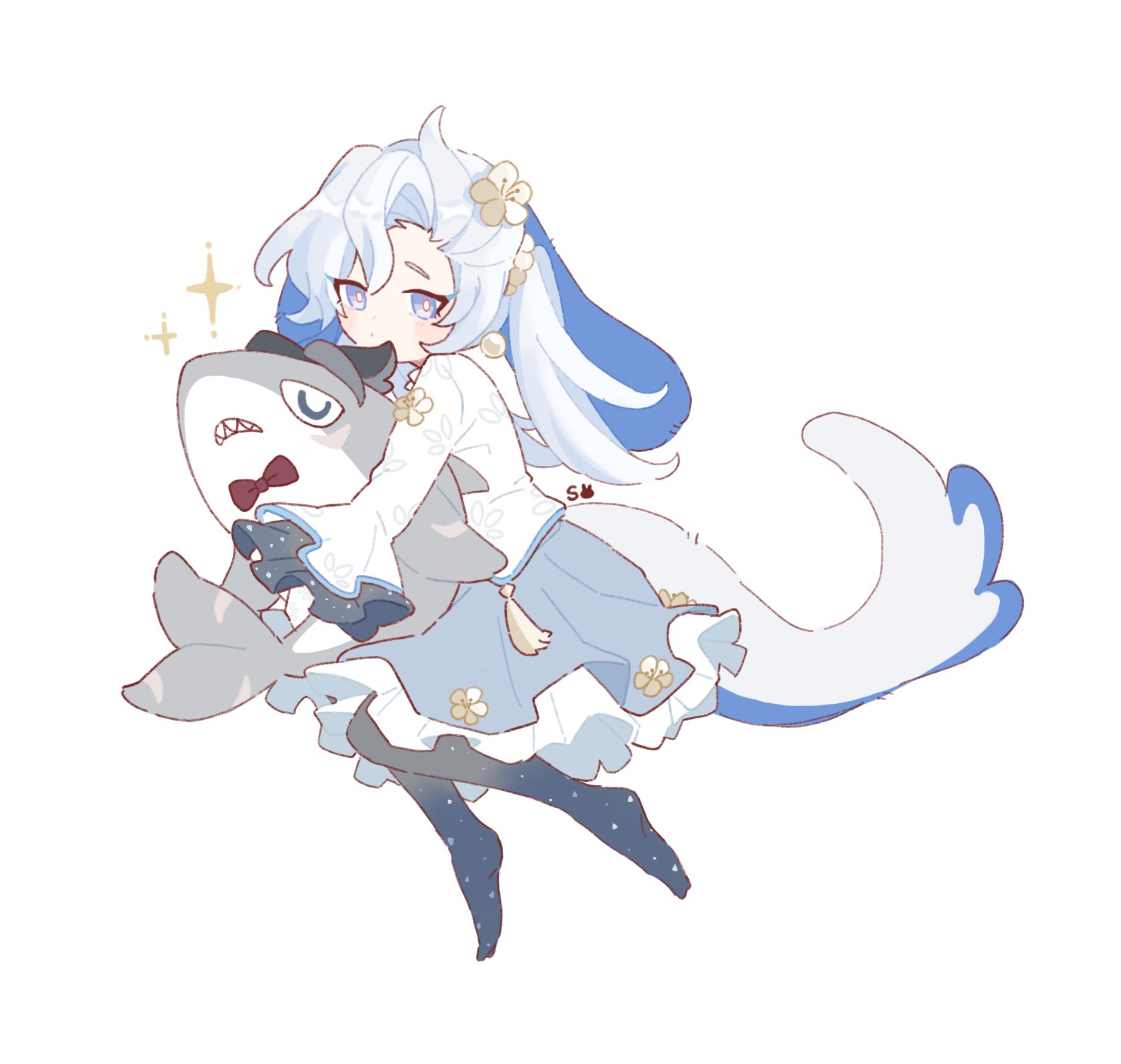he image is a digital drawing of a cute animestyle chibi girl with long white hair adorned with flowers. she is wearing a light blue dress and dark blue tights with stars. the girl is holding a grey plush shark, which seems to be part of her outfit or costume as it has a tail that extends into her own, also light blue and fluffy. the overall style is very soft and pastel, with a dreamy and whimsical feel. the artwork is detailed and expressive, showcasing the artist's skill in creating a charming and appealing character design.
