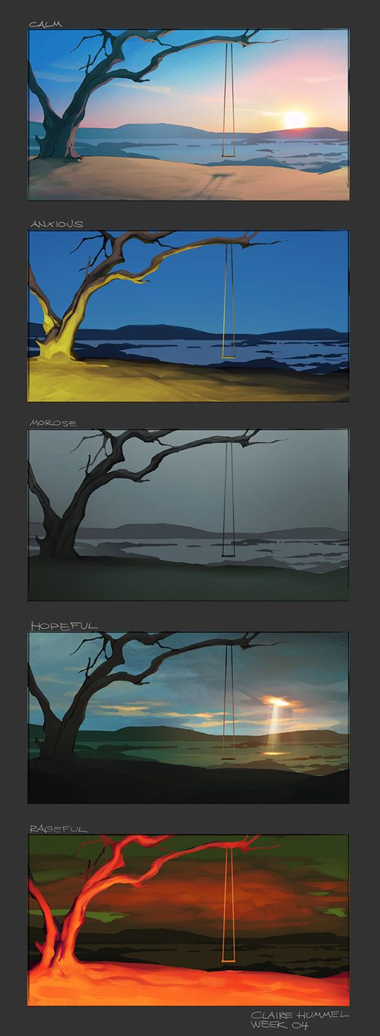 the image presents a series of five digital paintings, each depicting a solitary swing hanging from a bare tree branch against varying landscape backdrops and lighting conditions. the time of day shifts from a vibrant sunset with warm hues in the top image, transitioning to a cooler twilight, then a muted overcast scene, followed by a hopeful sunrise with a burst of light, and ending with a fiery, despairing landscape. the changing colors and lighting evoke a range of emotions, from serenity and contemplation to hope and despair.
