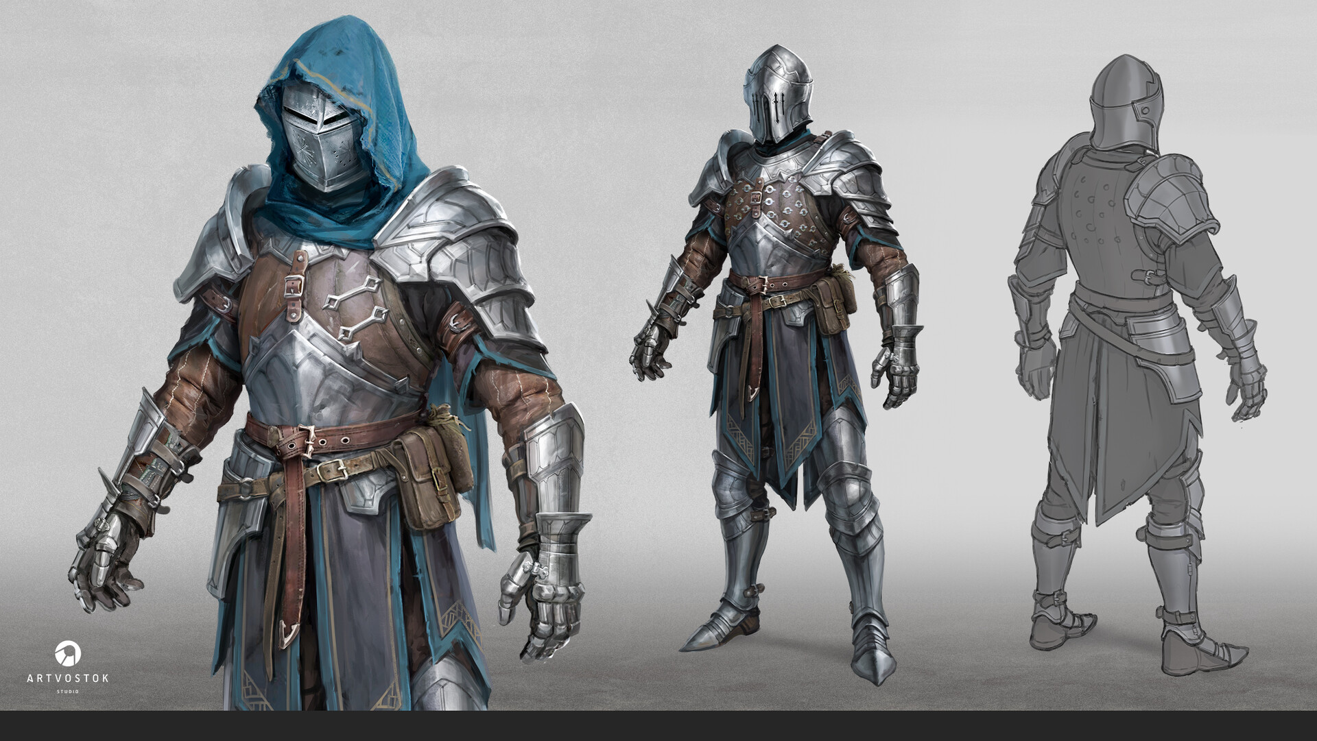 three views of a knight in  plate armor. he has a blue tabard with a white trim. he has leather straps across his chest and waist. he has a blue hood on underneath his helmet.  the image on the far right is a black and white sketch.  the image in the middle shows the knight without his hood on.