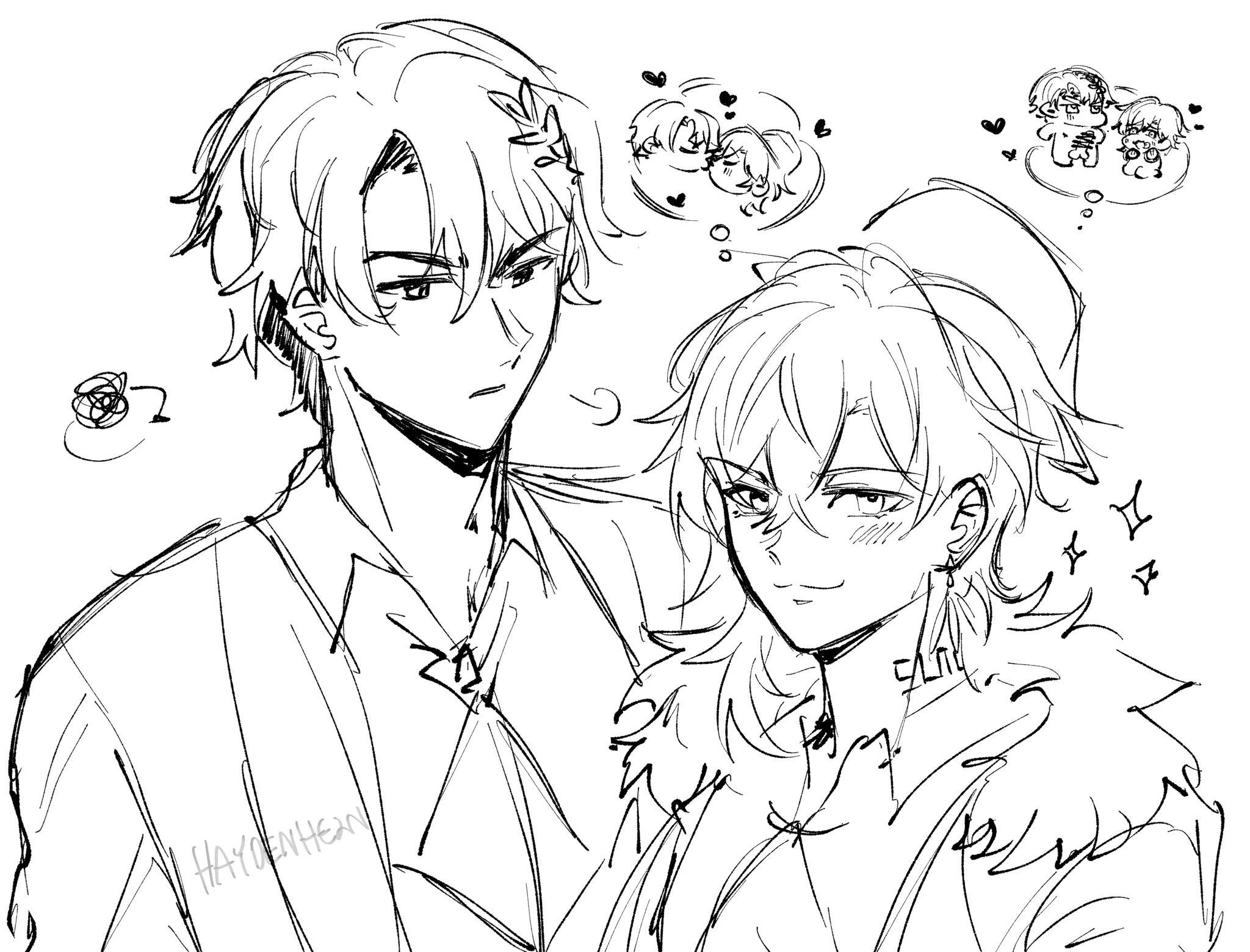 this is a black and white sketch of two anime boys. the boy on the left is thinking about the couple in the thought bubble above his head. they are both blushing and smiling at each other. the drawing is done in a simple style, with a lot of white space.  the drawing is very cute and romantic.